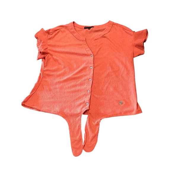 Adrienne Vittadini Coral Red Button Short Sleeve Tie Front Chic Retro Blouse XL - Picture 12 of 12